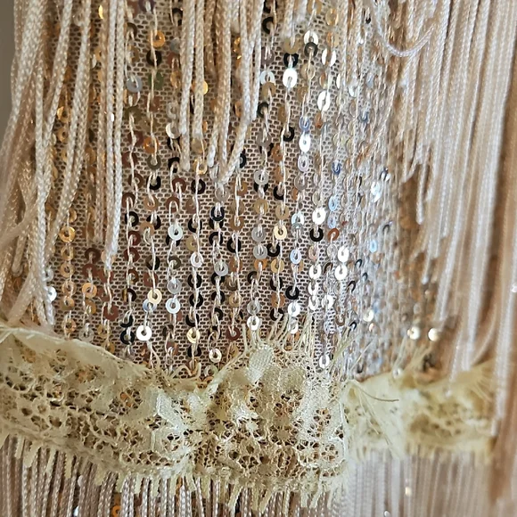 Gold and Cream Fringe Mini Flapper 40s Style Evening Dress - Picture 4 of 12
